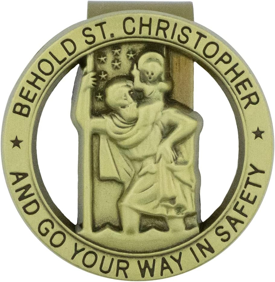 Round Saint Christopher Medal | Patron Saint of Travelers and Motorists | Metal Auto Visor Clip | Catholic Car, Truck, or RV Decoration | Christian Protection Prayer for Travel (Gold-Tone)