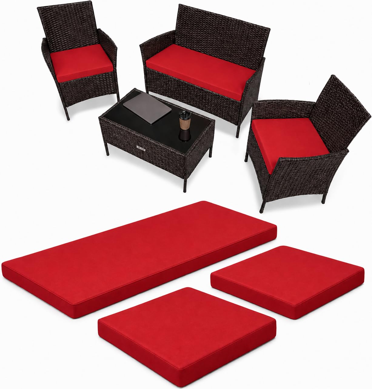KOZZE FAB 3-Piece Replacement Cushion Set for Rattan Chairs & Sofa | Comfortable Padded Patio Cushions | Indoor & Outdoor Garden Furniture Seat | Water-Resistant & Durable Covers (Red)