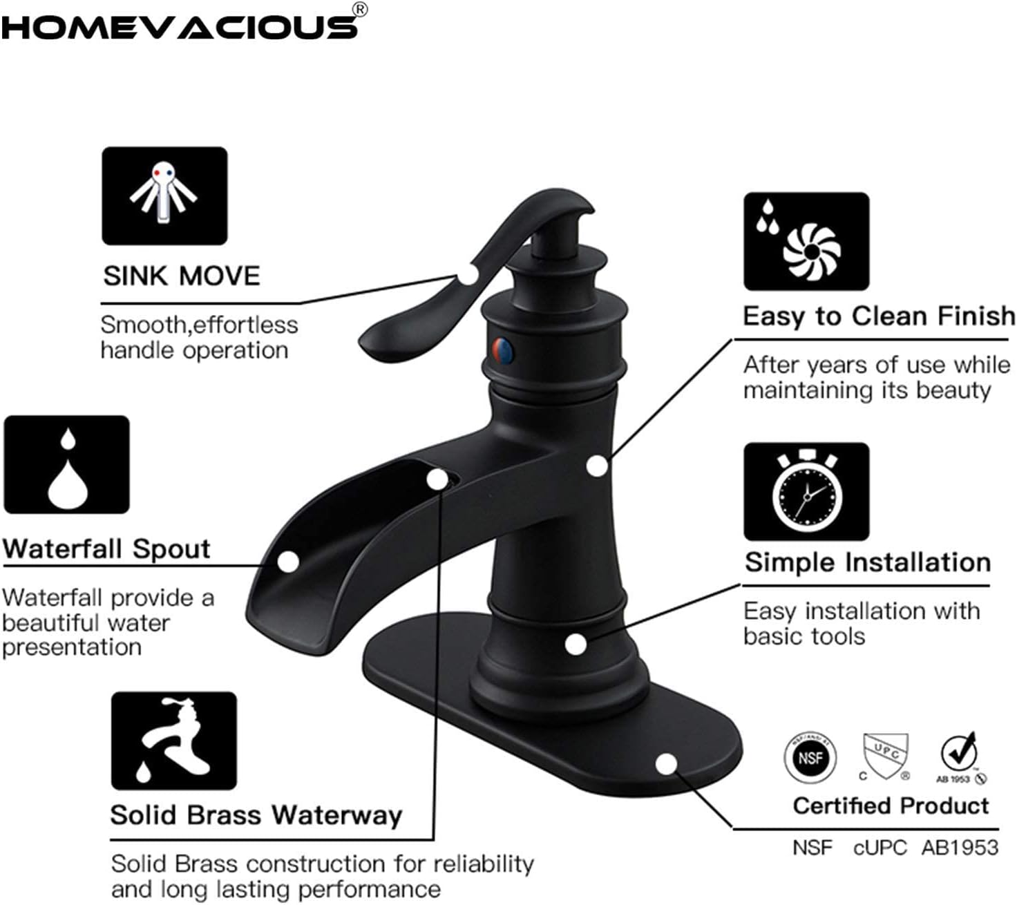Homevacious Matte Black Bathroom Faucet Waterfall Single Handle Single Hole Lavatory Faucet with Supply Line Bundle Pop Up Drain Without Overflow