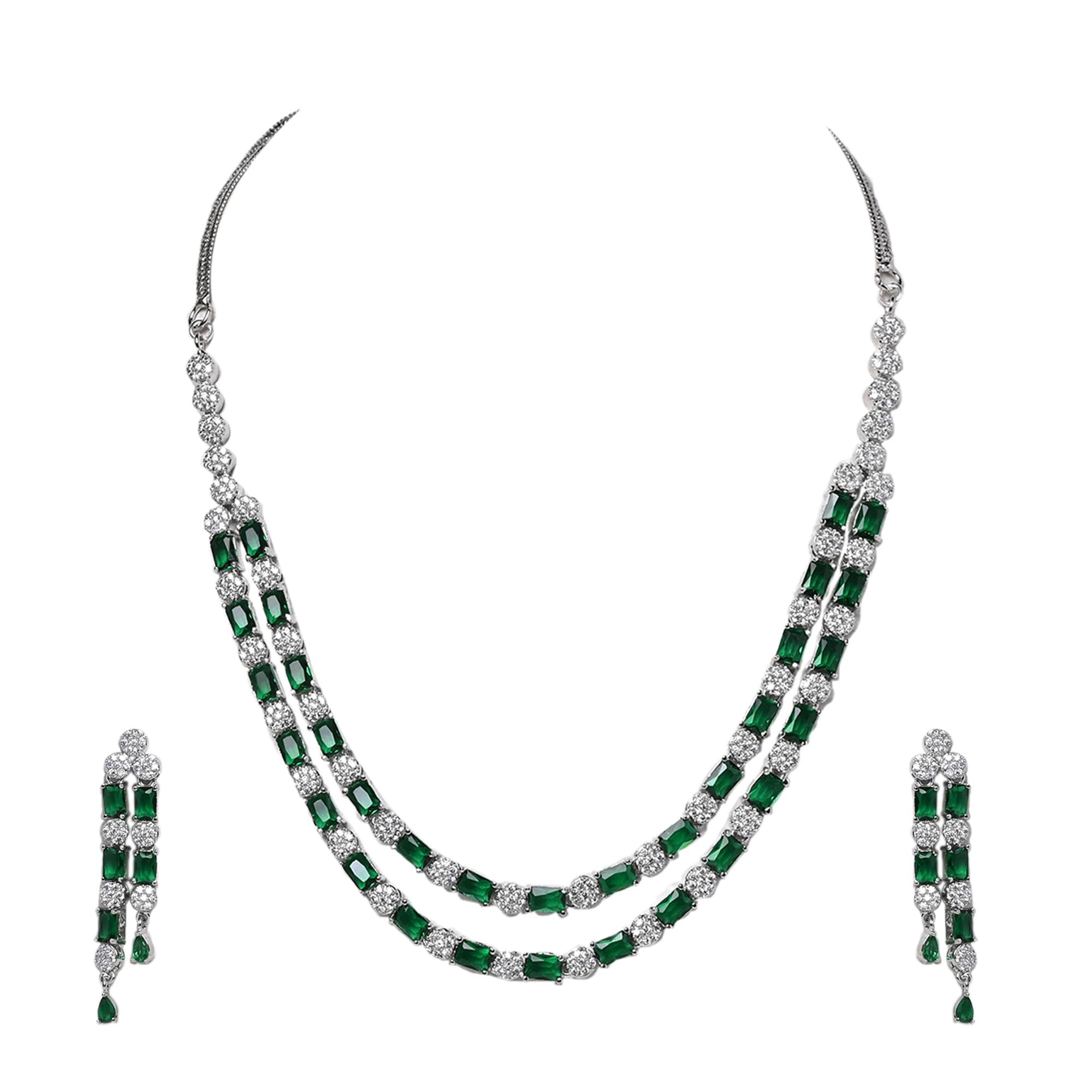 Jewellity Green And Silver American Diamond/AD Designer Two Layer Necklace With Earrings Set For Girls/Women NSA-771 (B0CSBSZHD9) Amazon Price History, Amazon Price Tracker