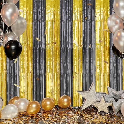 Image of DECOCKRAT 2 Pack Foil Fringe Backdrop - Black&Gold Shiny Tinsel Curtains for Party Decoration /Photo Booth Props - 3.3x6.6 FT Metallic Foil Backdrop for Birthday, Wedding, Graduation, Christmas.