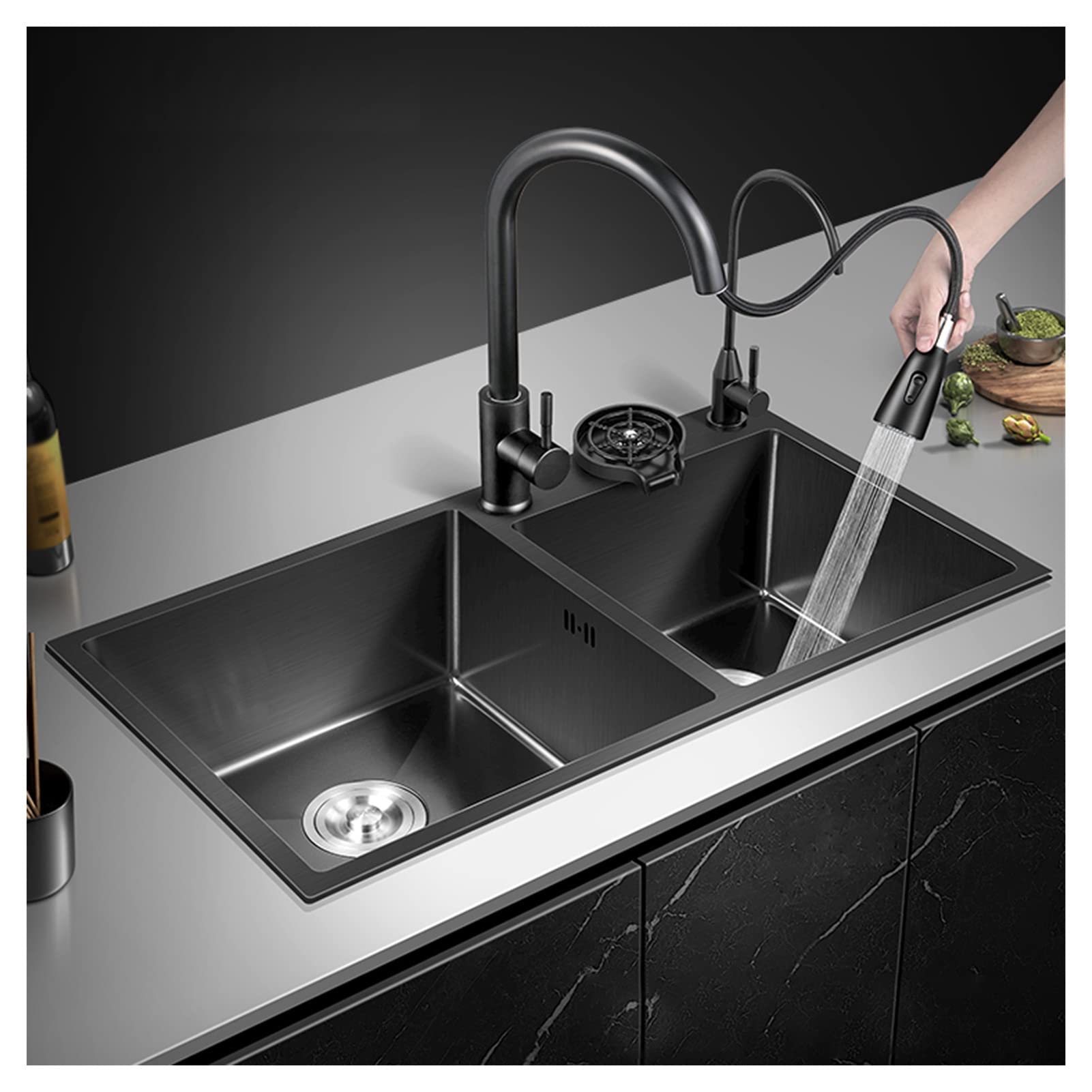 Évier cuisine double noir et gris idéal pour balcon, bar et buanderie moderne