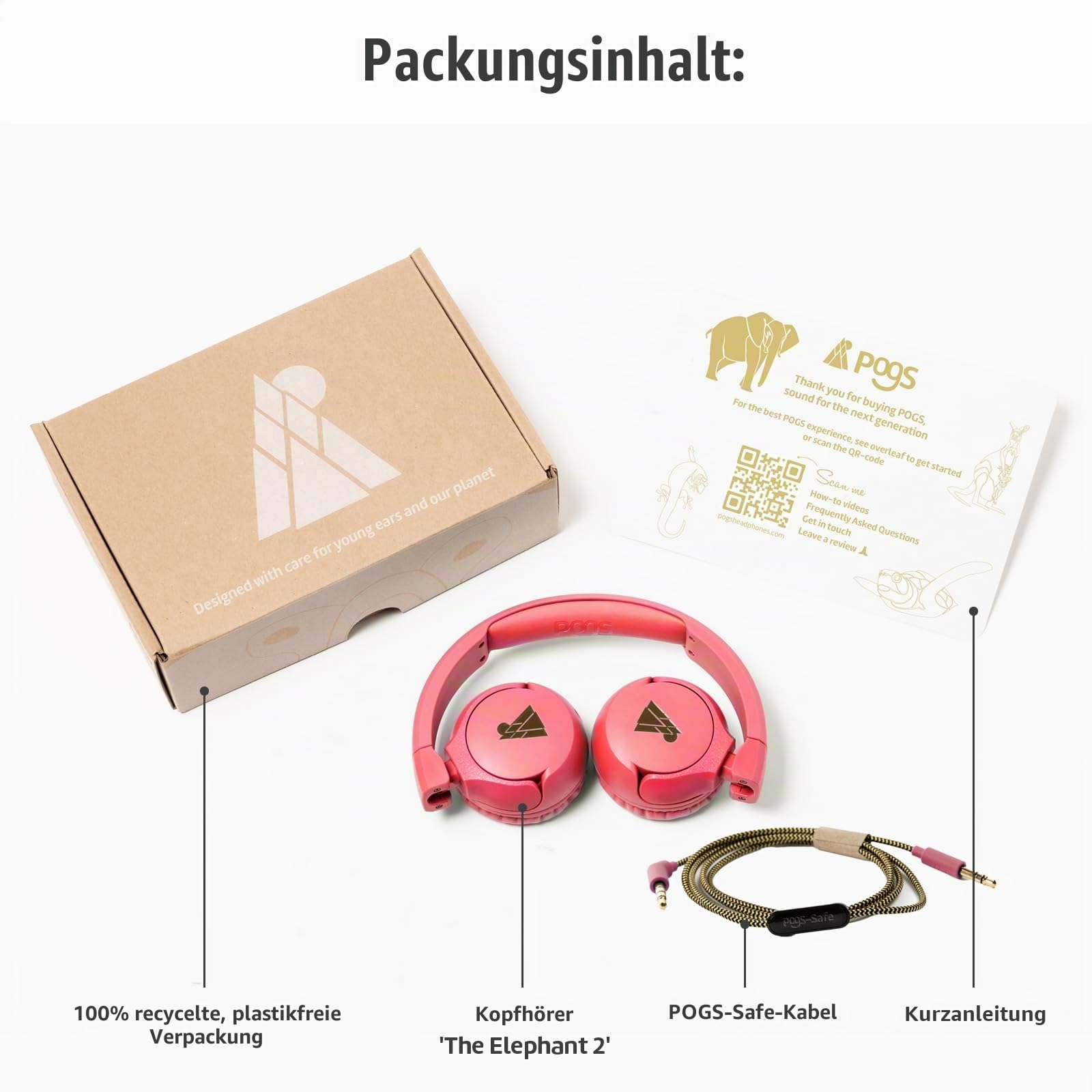 POGS-Kinderkopfhörer mit Kabel | The Elephant 2 | Faltbarer robuster Kinderkopfhörer ab 3 Jahren | Lautstärkebegrenzung 85 dB, Mikrofon | On-Ear | Musik-Sharing-Funktion (rRosa)