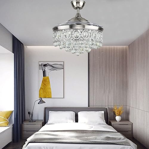 Miniatura 6 de MoreChange - Ventilador de techo de araña de cristal de 42 pulgadas con luces y cuchillas retráctiles de control remoto, moderno ventilador LED de