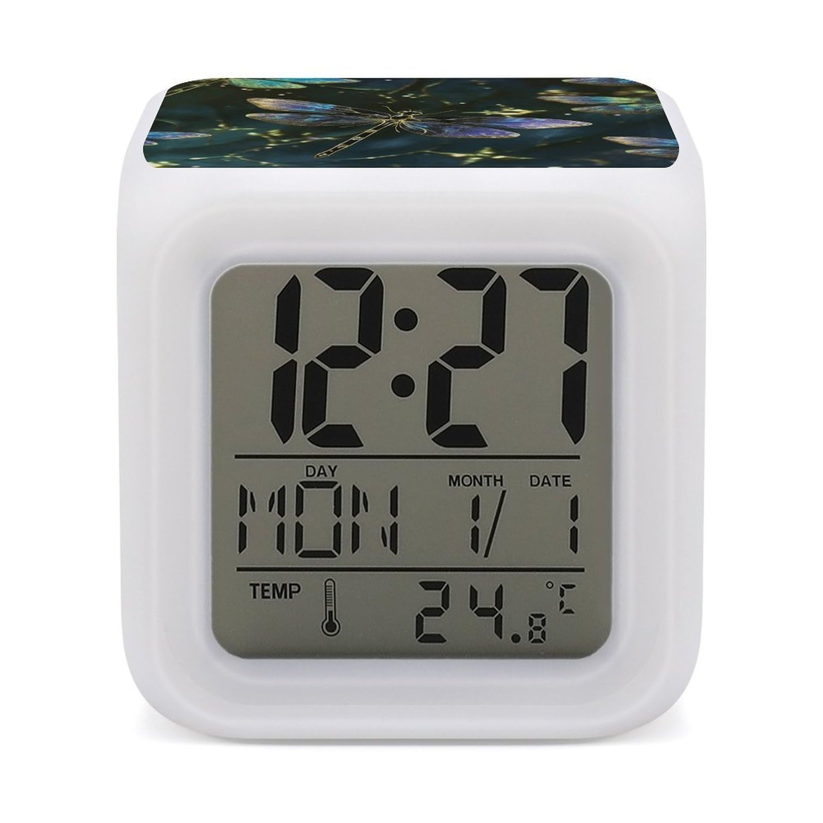 VstaDank Dragonfly Alarm Clock 7 Color Changing LED Wake-Up Clocks Printed Home Decoration Multi-Color Night Light Digital Alarm Clock with Temperature Display for Home Office