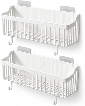Orret Home 2li Yap kanl  Banyo Du  Raf  Organizer, Ask l  Plastik Raf Sepet, Delme Gerektirmeyen Duvara Monte, Hava Alan Su Tahliyeli Taban, 26x9x10 cm, Beyaz