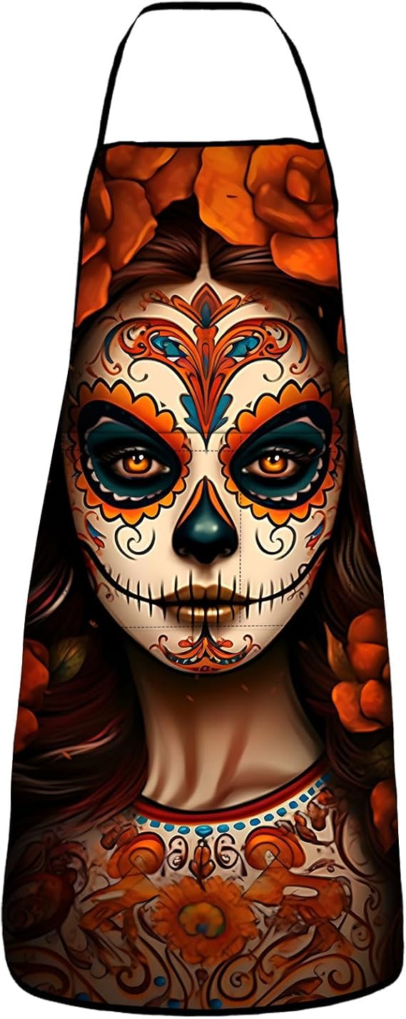 Waterproof Adjustable Sugar Skull Flower Apron for Kitchen Bbq with 2 Pockets, Sugar Skull Flower Gift for Women