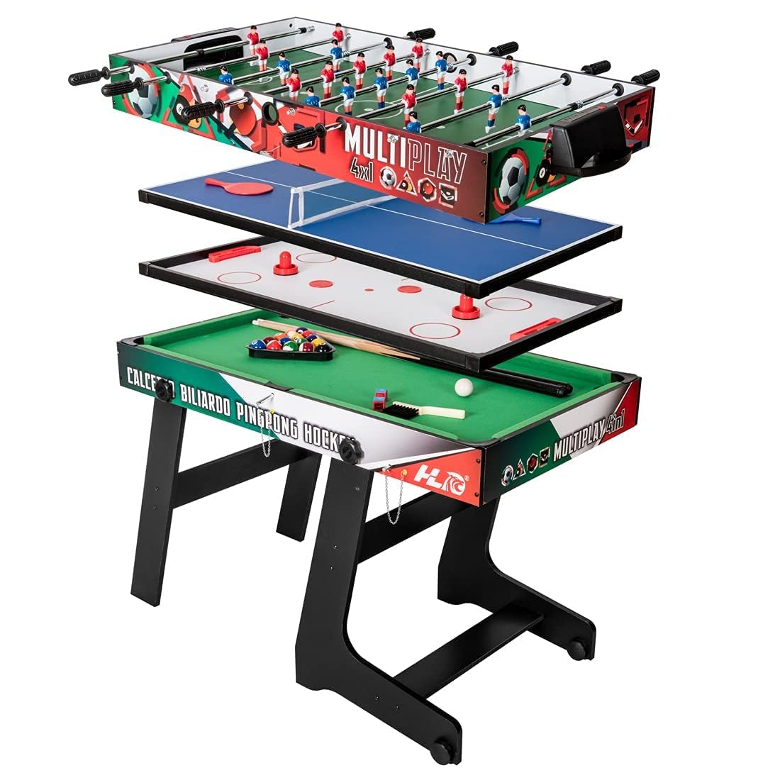 HLC Mesa Multijuegos 4 en 1 Plegable Fútbol Billar Snooker Tenis de Mesa Hockey