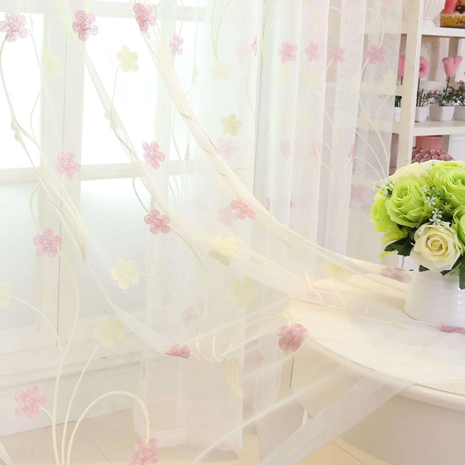 Voilage lot de 2 rose 200x210 cm Beydodo à broderie fleurs roses pour salon