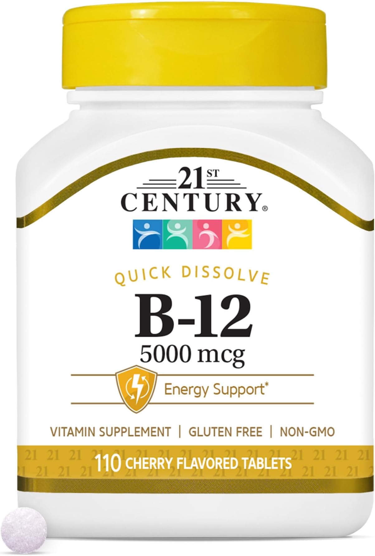 21st Century Vitamin B12 5000 mcg Supplement, (110 Count), Cherry Flavored Sublingual Tablets, Quick Dissolving Formula, Gluten-Free & Non-GMO, No Added Yeast, Artificial Flavors, or Colors