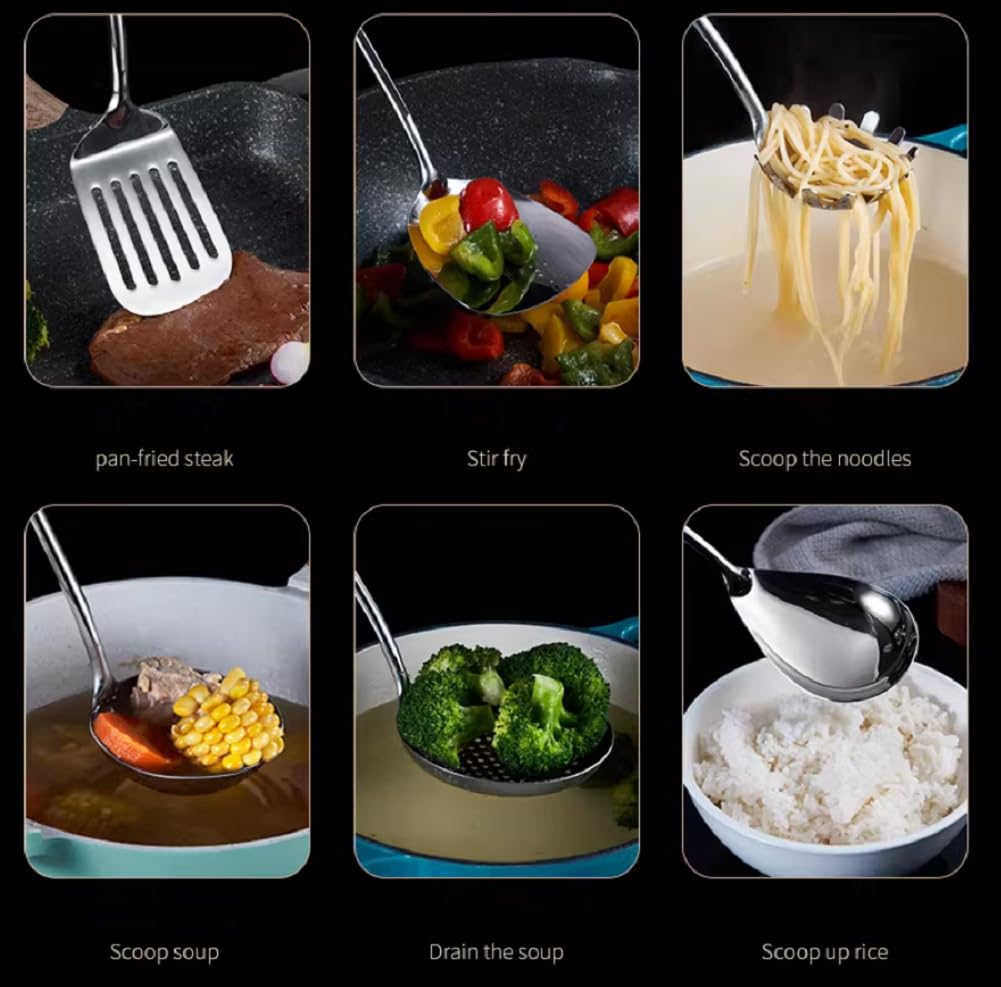 Juego de utensilios de cocina de acero inoxidable, 6 herramientas de cocina, incluyendo espátula, cuchara de sopa, volteador, servidor de pasta y pala con fugas para cocinar y servir