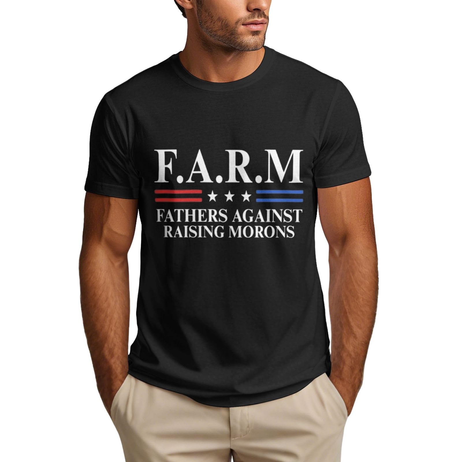 NLWQEKV F.A.R.M. Fathers Against Raising Morons T Shirts Novelty Mens Crew Neck Short Sleeve Black