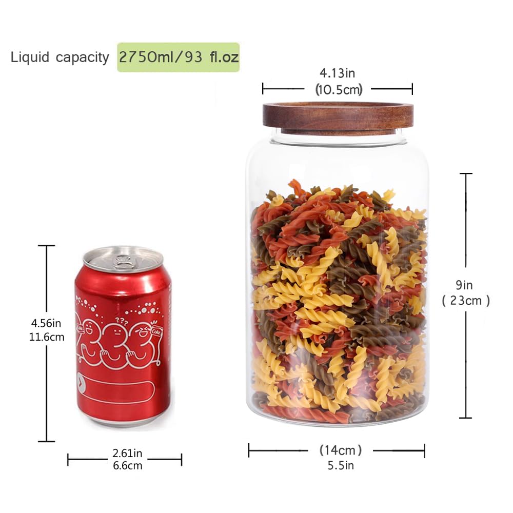 Set di 2 barattoli di vetro grandi con coperchio ermetico, 2750 ml, contenitori per alimenti in vetro con coperchio in legno, adatti per dispensa della cucina, per farina, tè, chicchi di caffè,