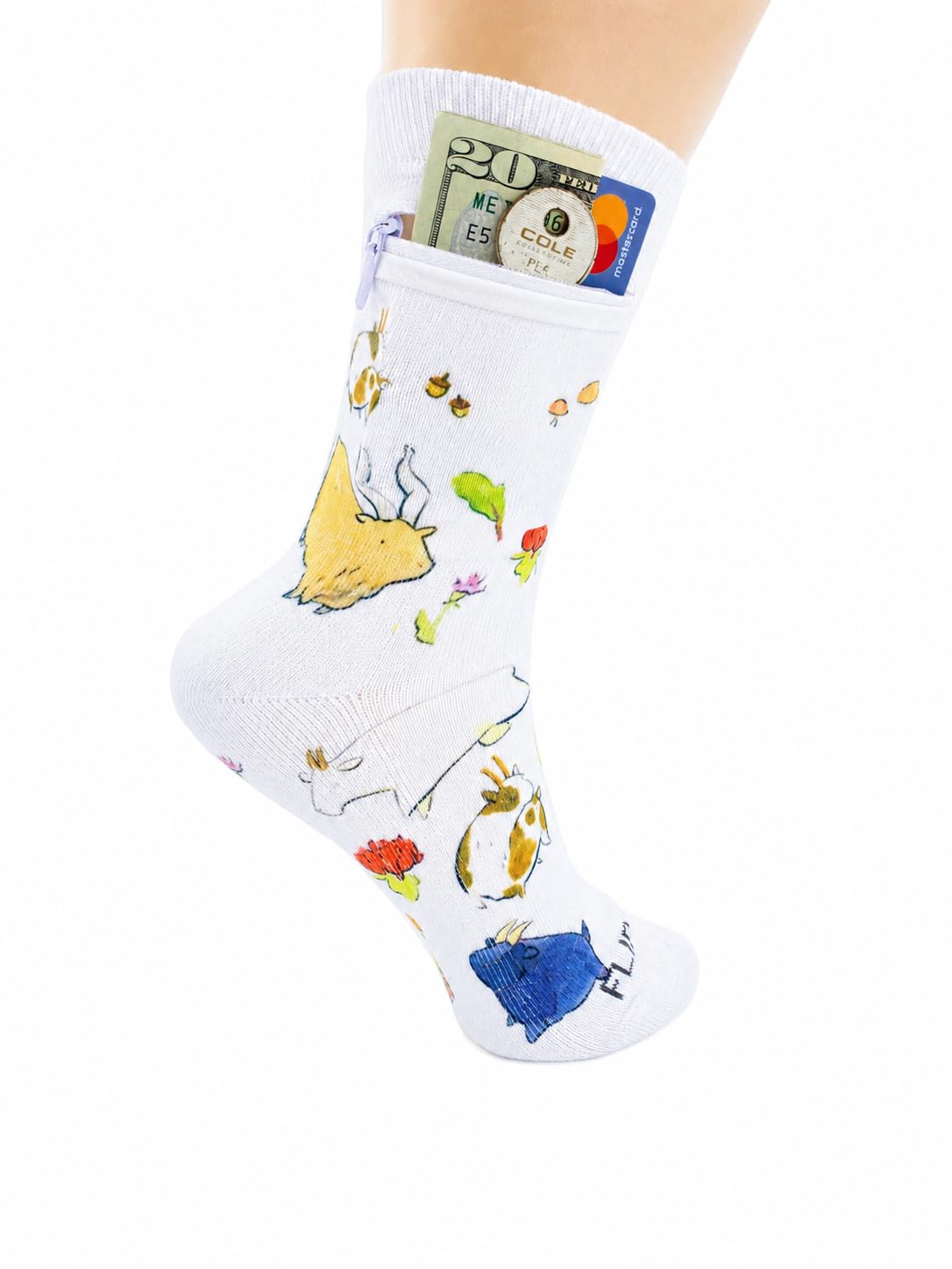 Zipper Sock Wallet - Cotton &amp; Polyester Zipper Socks with Pockets - Fits shoe size 6-13
