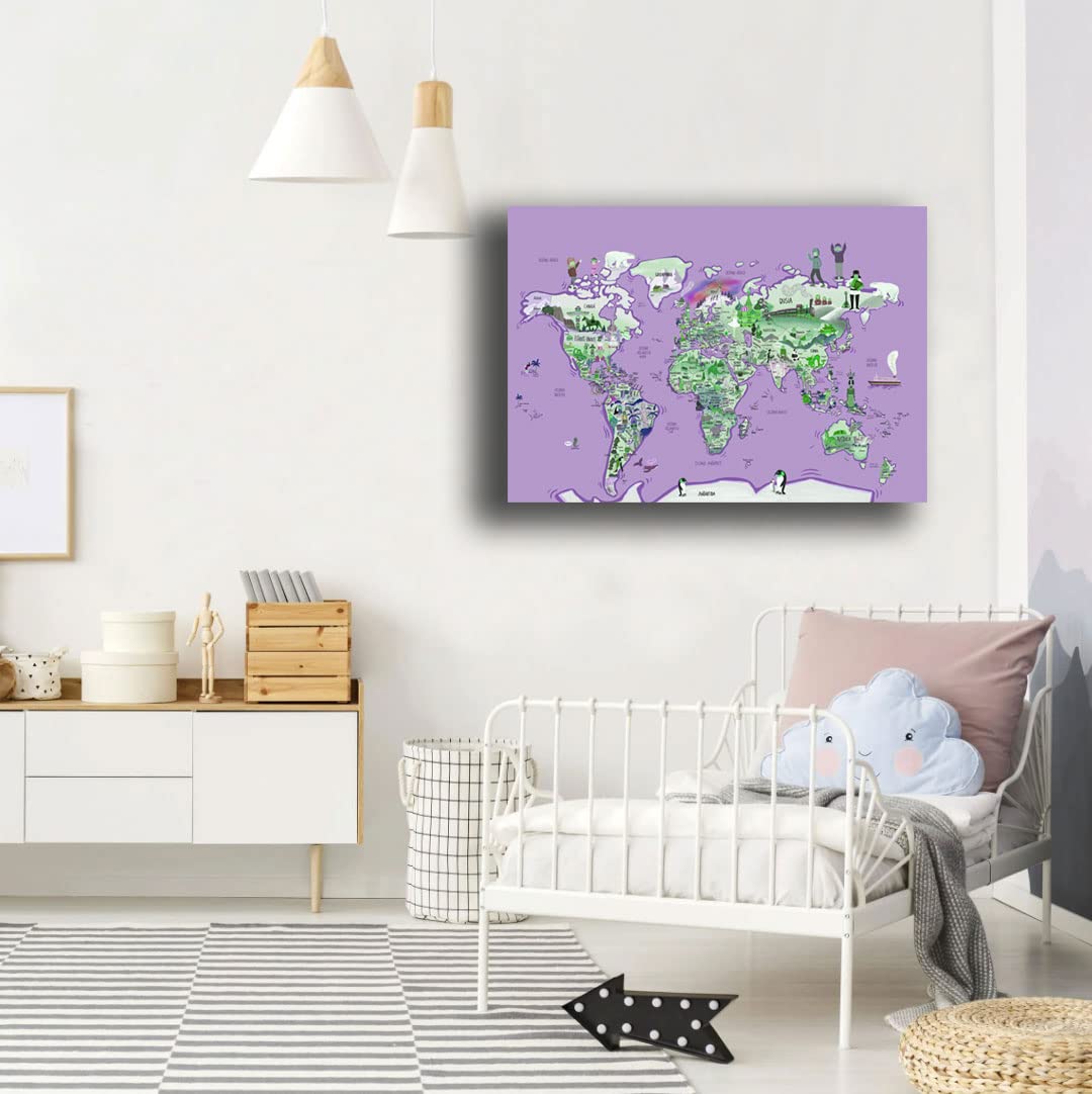 Printerland Quadri Moderni MAPPAMONDO Mappa mondo Bambini Bimbo Bimba Quadro moderno da Parete XXL grande Stampa su tela Canvas Decorazione Murale muro Camera Cameretta bimbi (70x100 cm, Viola)