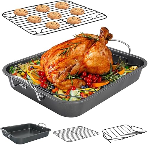 Miniatura 1 de Mikim Sartén para asar pavos con estante, sartén grande para pavo, sartén para pavos para horno, asador de pollo, sartén antiadherente para pavo,