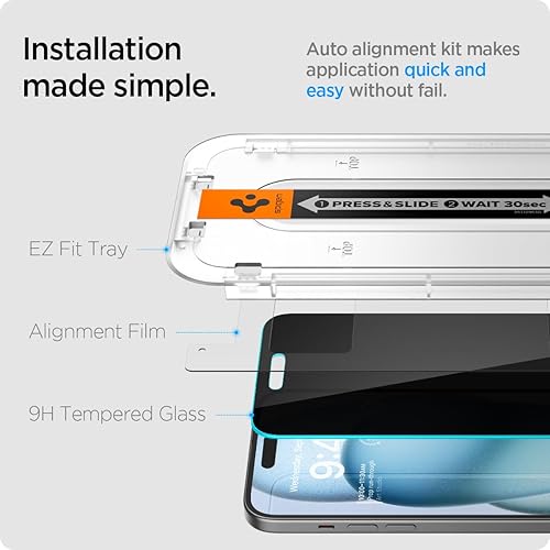 Miniatura 4 de Spigen Protector de pantalla de vidrio templado GlasTR EZ FIT - Privacidad diseñado para iPhone 15 2 unidades