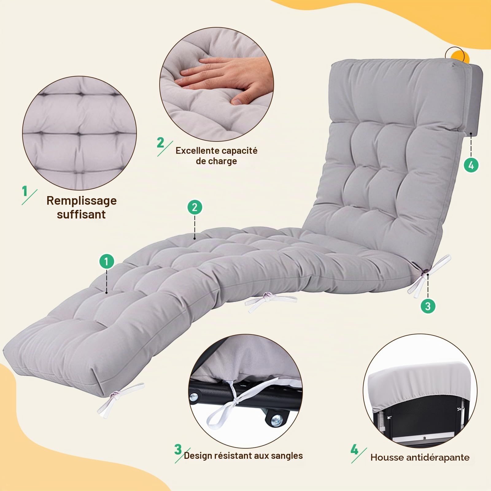 Coussins pour Bain de Soleil, 170x53x8cm Coussins pour Bancs de Jardin avec Capuche Antidérapante et Sangles de Fixation, Coussin pour de Jardin Convient aux Chaises Longues