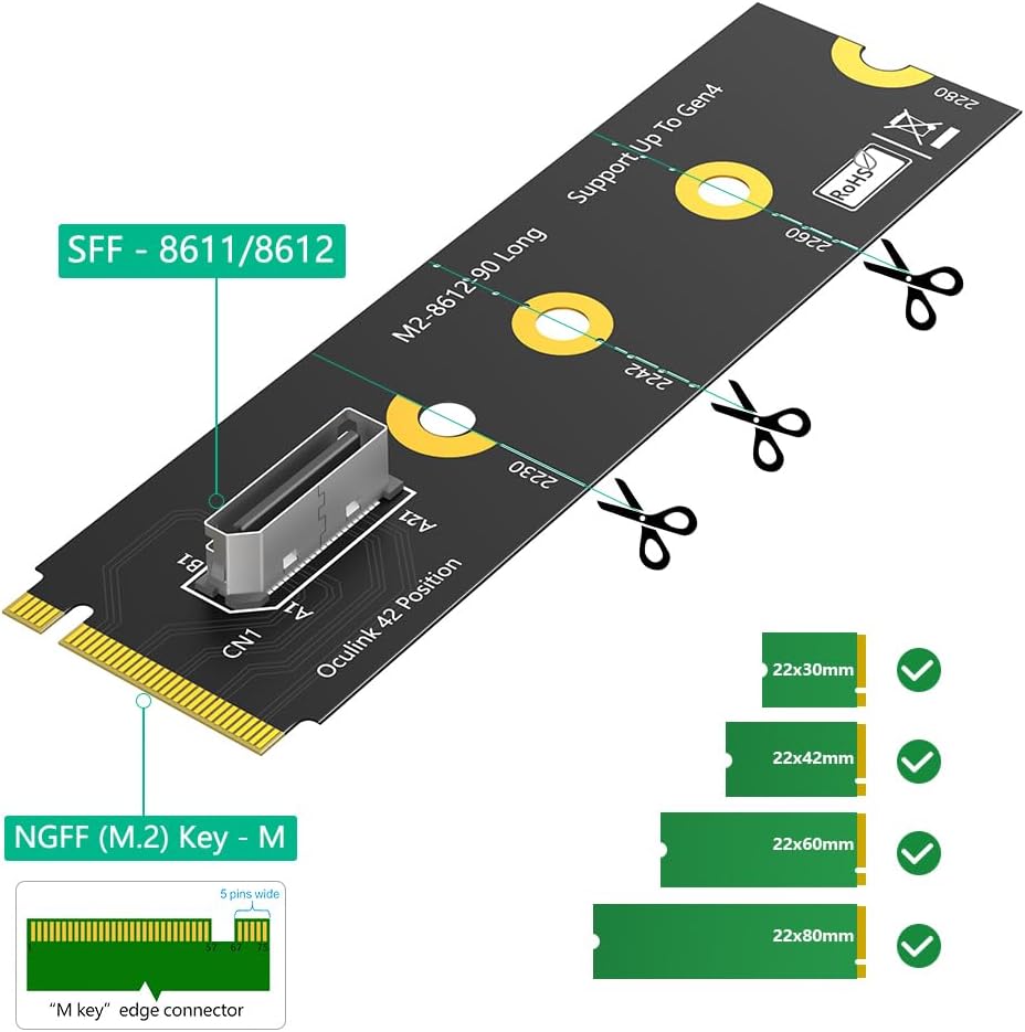 Sintech Oculink SFF-8611/8612 to M.2 NVMe M-Key Interface Adapter Card (90B Degree)