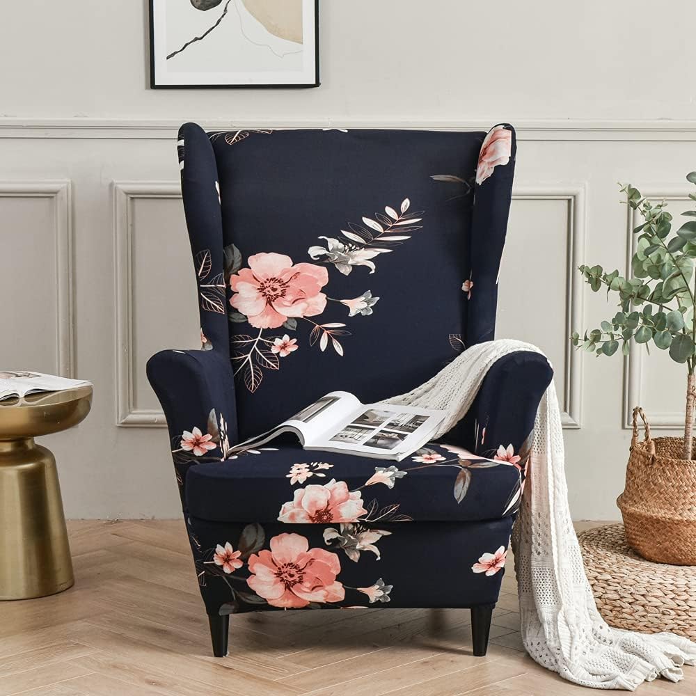 INFLAG Wingback Chair Cover 2-Piece Printed Wing Chair Slipcover Sofa Slipcover Spandex Floral Armchair Slipcovers Furniture Protector with Elastic Bottom for Living Room, Washable, Breathable (04)