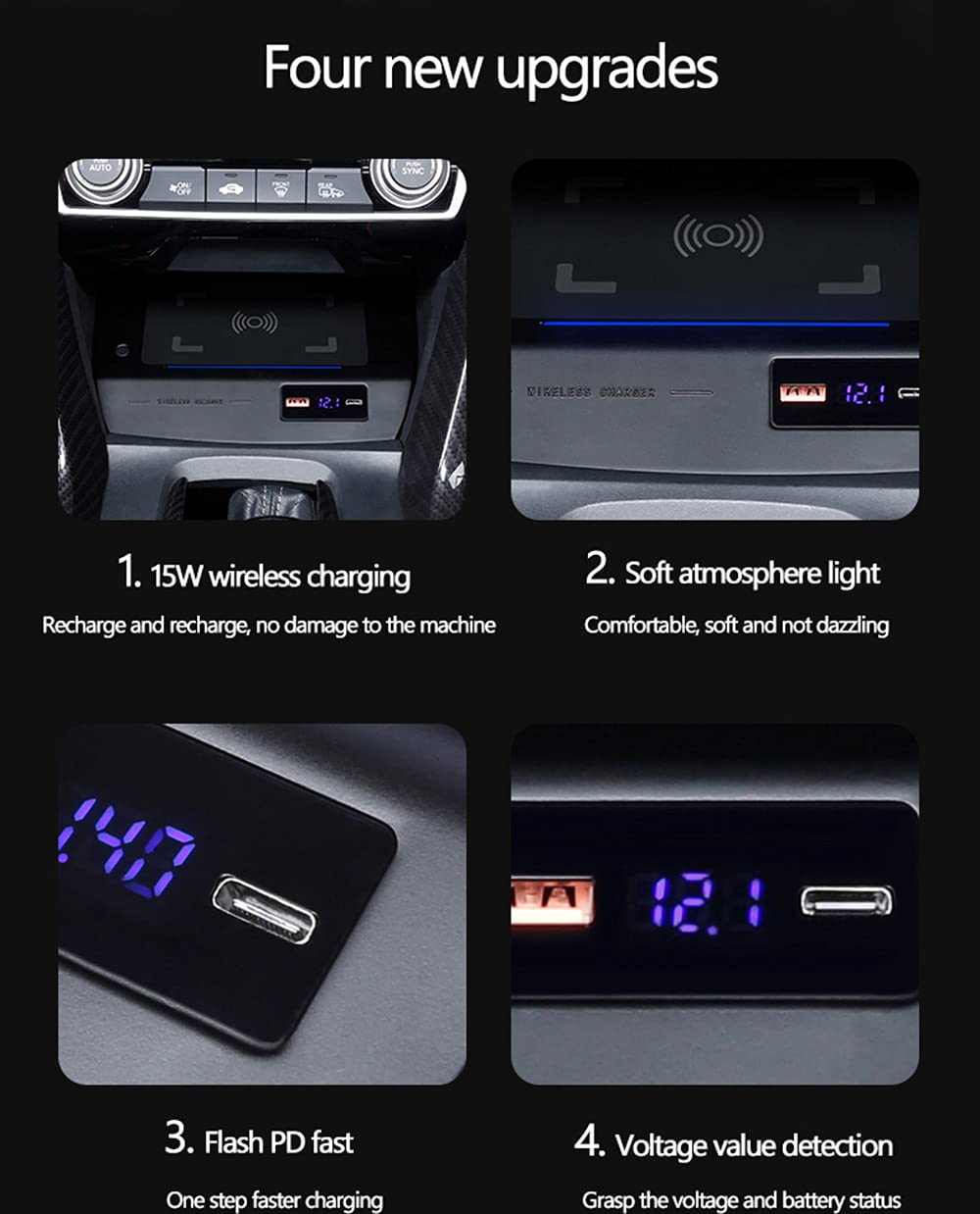 Cargador Inalámbrico Coche Auto para Honda Judai Civic 2016-2020 con Consola Central 15W Carga Rápida Teléfono Cargador Qi con QC 3.0 PD USB