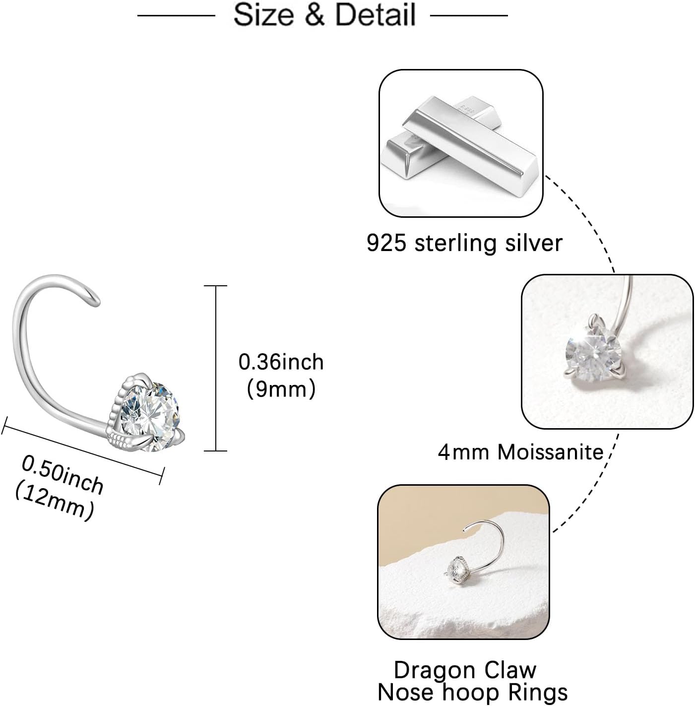 Helonley Moissanite Nose Hoop for Women - 925 Sterling Silver Moissanite Dragon Claw Nose Ring Hoop Piercing Hypoallergenic Jewelry Nose Hoop Gift