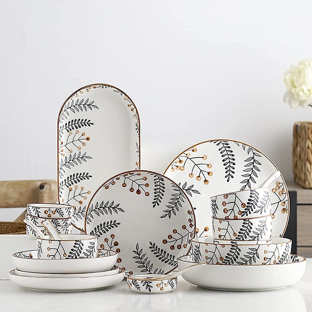 Zestaw zastawy stołowej, ceramiczne zestawy obiadowe, nordycki ręcznie malowany, 28 szt. porcelanowy zestaw obiadowy, zestaw talerzy i misek, do restauracji, wesela (