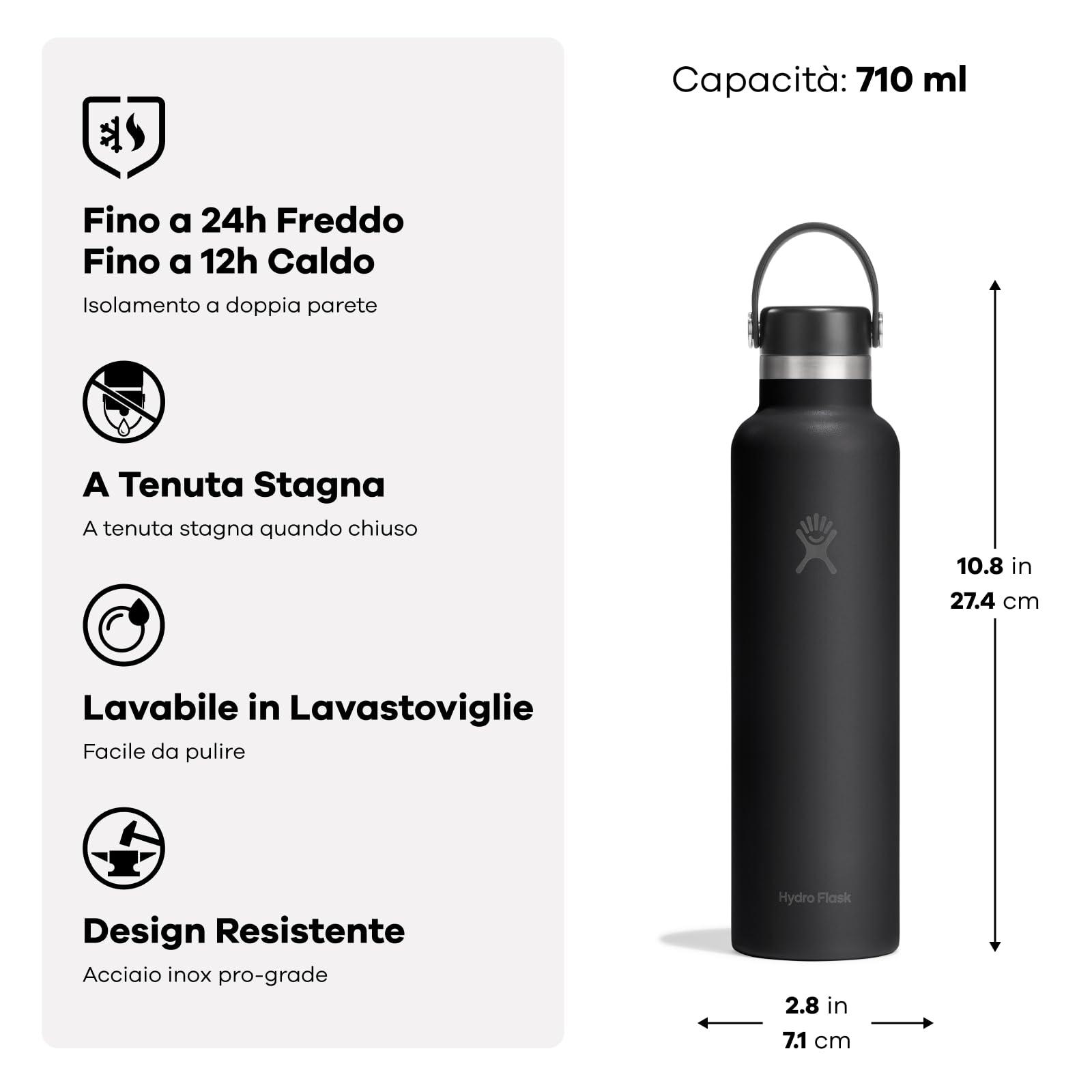 Hydro Flask – Standard Flex Cap 710 ml (24 oz) Bottle – Acciaio Inox, Ermetico, Compatibile con Portabicchieri – Isolato Freddo 24 Ore & Caldo 12 Ore – Black