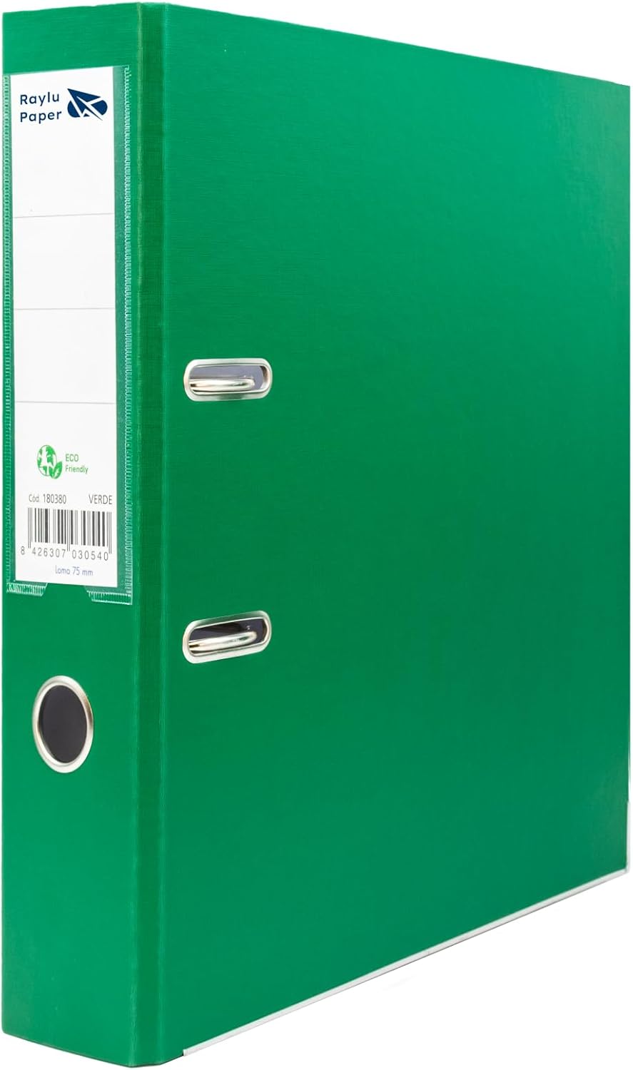 Raylu Paper 75mm Spine Folder, 2 Ring Binder with Soft Opening Lever and Personalised Card Slot, Green