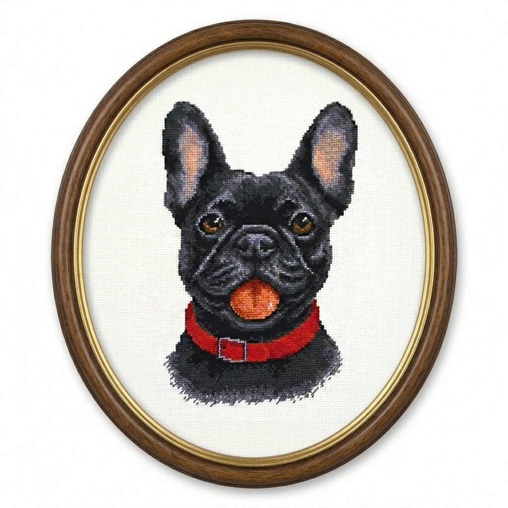 Povitrulya Frenchie Counted Cross Stitch Kit Marcy The French Bulldog – Puppy Dog Portrait Diy Embroidery Set For Adults, 16 Count White Aida Canvas