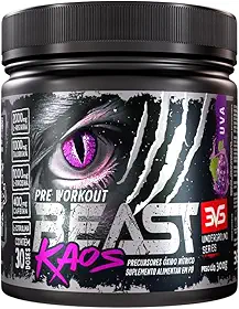 3VS Nutrition Pré-Treino Beast Kaos –Extra Forte Com Citrulina, Beta Alanina, Cafeína, Arginina, Taurina e Tirosina 300gr Sabor Uva