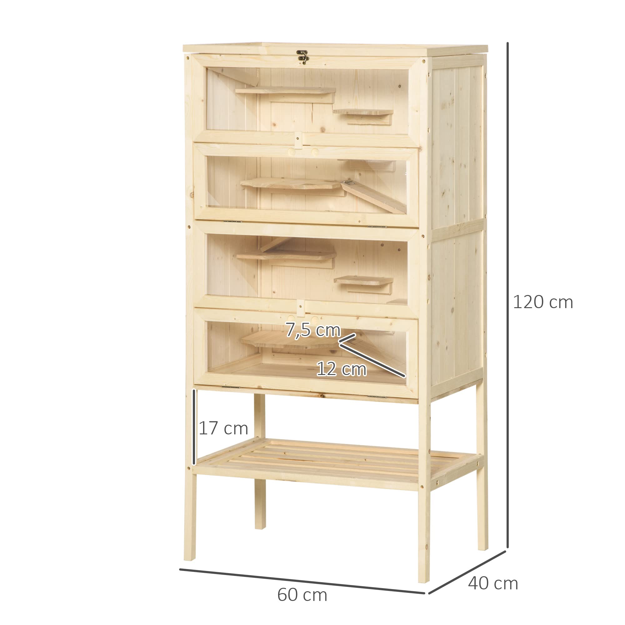 PawHut Klatka dla chomika z drewna duża 60 x 40 x 120 cm Naturalne drewno | Nagarium, klatka dla gryzoni, druciane wieko, rampy, drewniana, dla chomików karłowatych