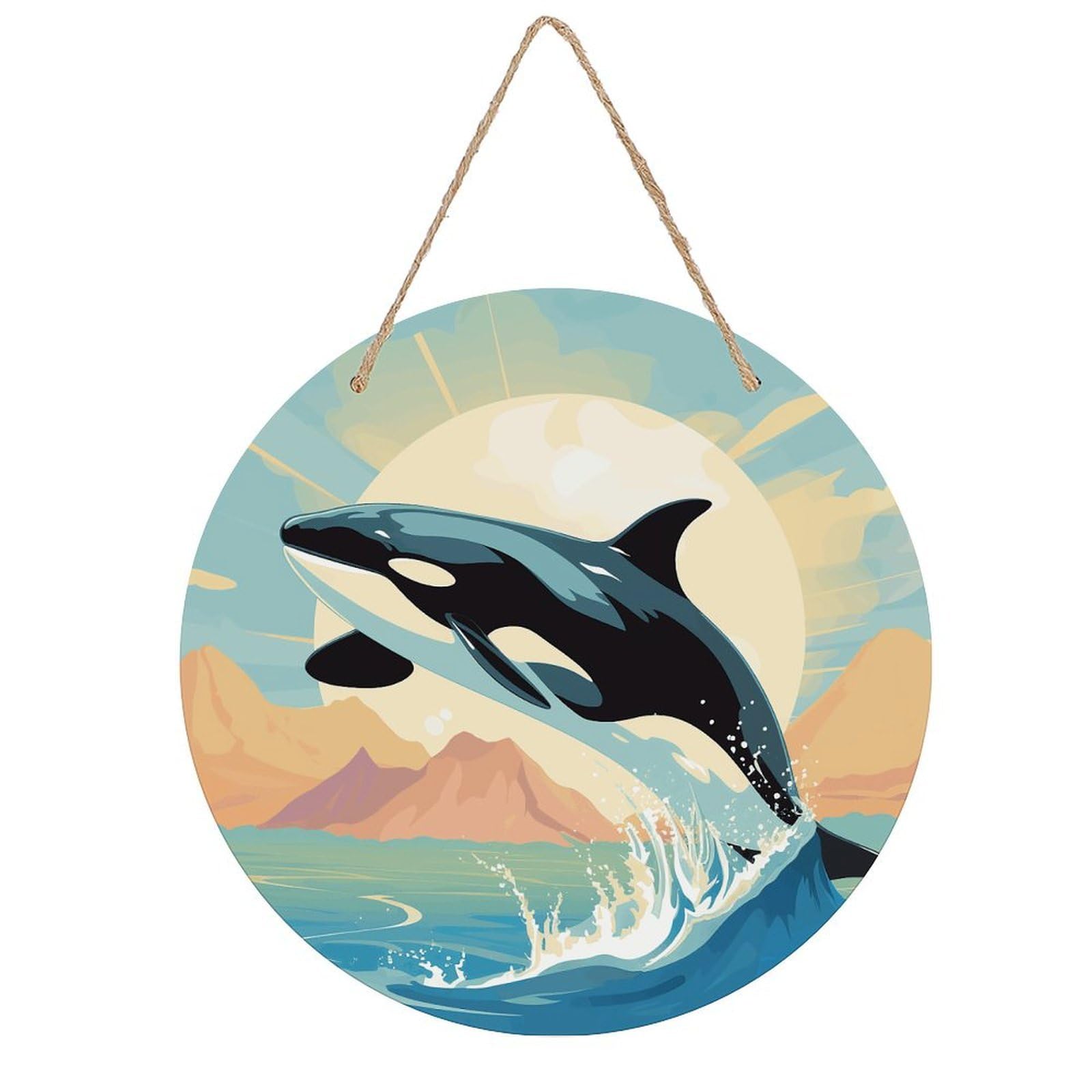 Orca in The Sea Round Wooden Ornaments Unique Wood Decorative Paintings for Christmas Retro-Style Wooden Door Hanger for Crafts Home Holiday Decor Bar 7.87 Inch