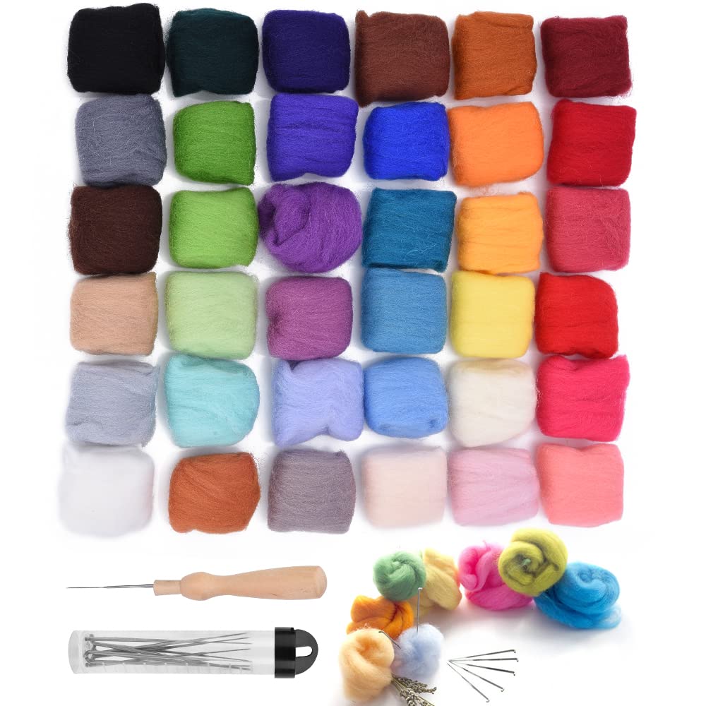 Vueinrg Kit Iniziale Per Feltro Ad Ago - 36 Colori Di Lana Cardata Con Strumenti Completi, 3g Per Colore, Per Principianti E Progetti Fai Da Te