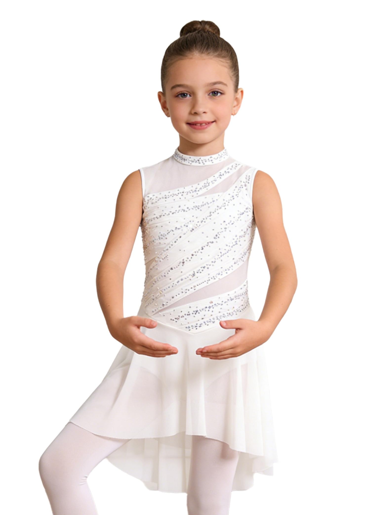 Robe Patinage Artistique Fille Body Strass sans Manches Justaucorps Gymnastique Leotard Ballet Robe Danse Contemporaine