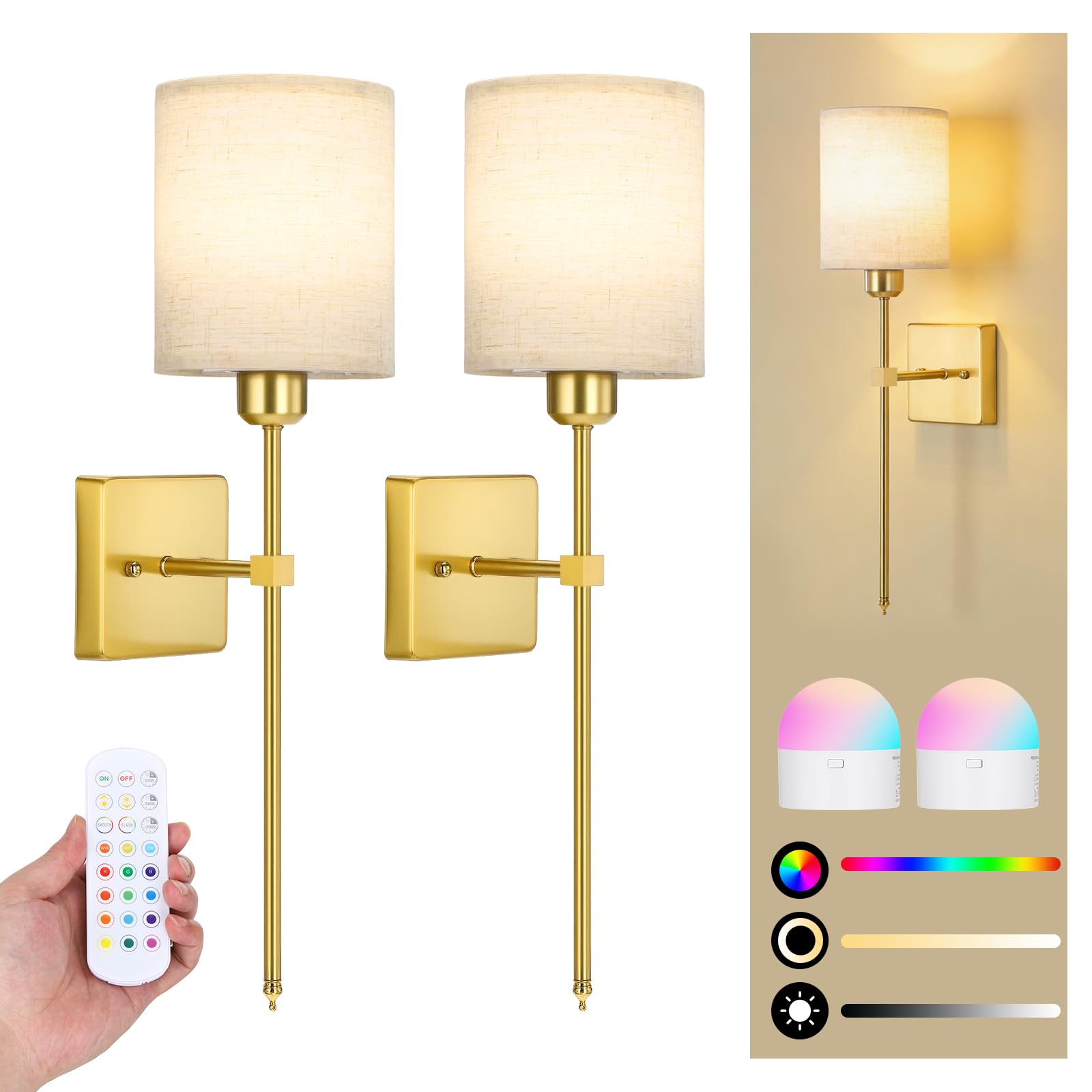 Juego de 2 apliques de pared que funcionan con pilas, luces de pared inalámbricas con control remoto de 5300 mAh, bombilla regulable recargable, 12 colores, apliques de pared inalámbricos