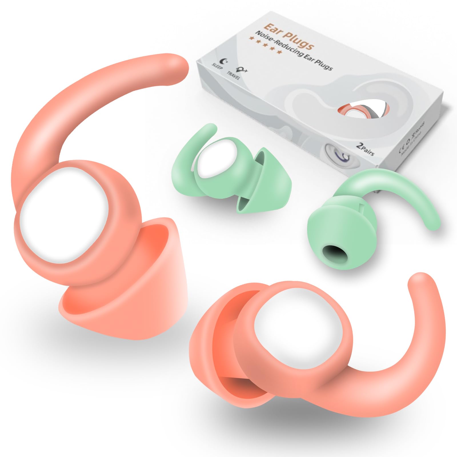 Ear Plugs for Sleeping, Reusable Silicone Earplugs for Hearing Protection, 2 Pairs Noise Canceling Earplugs, Waterproof EarPlugs Suitable for Sleeping Swimming Studying Traveling Concerts