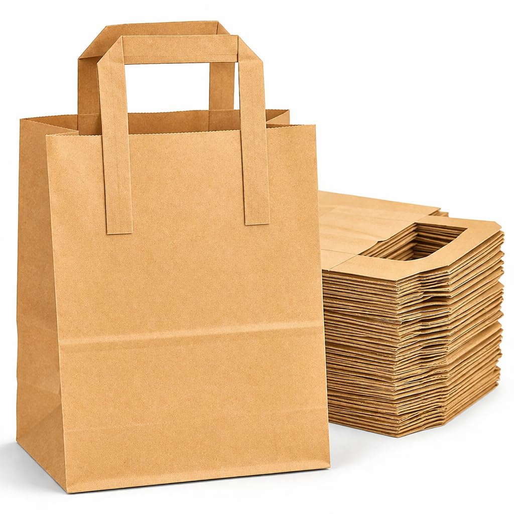 Sabco Brown Paper Bags with Handles - Medium Kraft SOS Carrier Bags (8x10x5) Bulk Pack of 100 - Strong Takeaway, Retail & Food Delivery Paper Bags