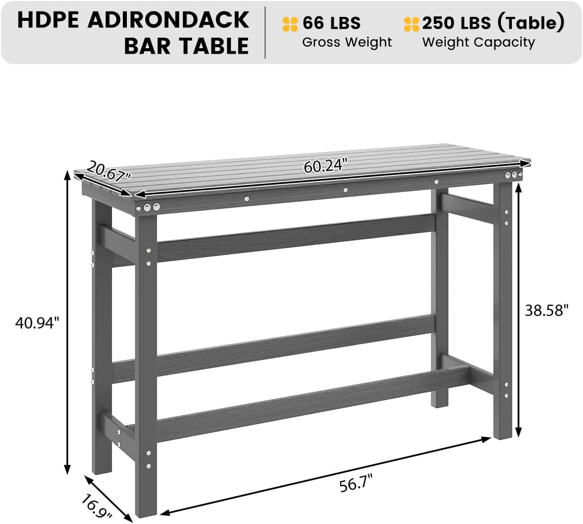 Sundale Outdoor Bar Table, 41 Inch Height Adirondack Rectangle Bar Table, All Weather Patio Bar Counter Height Table for Outside Backyard Balcony Poolside (Grey)
