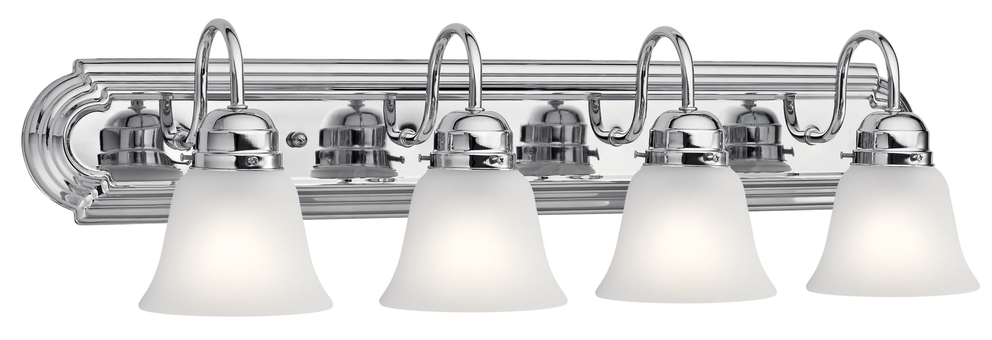 kichler 30" 4-light vanity bath light in chrome, modern bathroom light with clear satin etched glass, ("30" w x 8" h), 5338chs