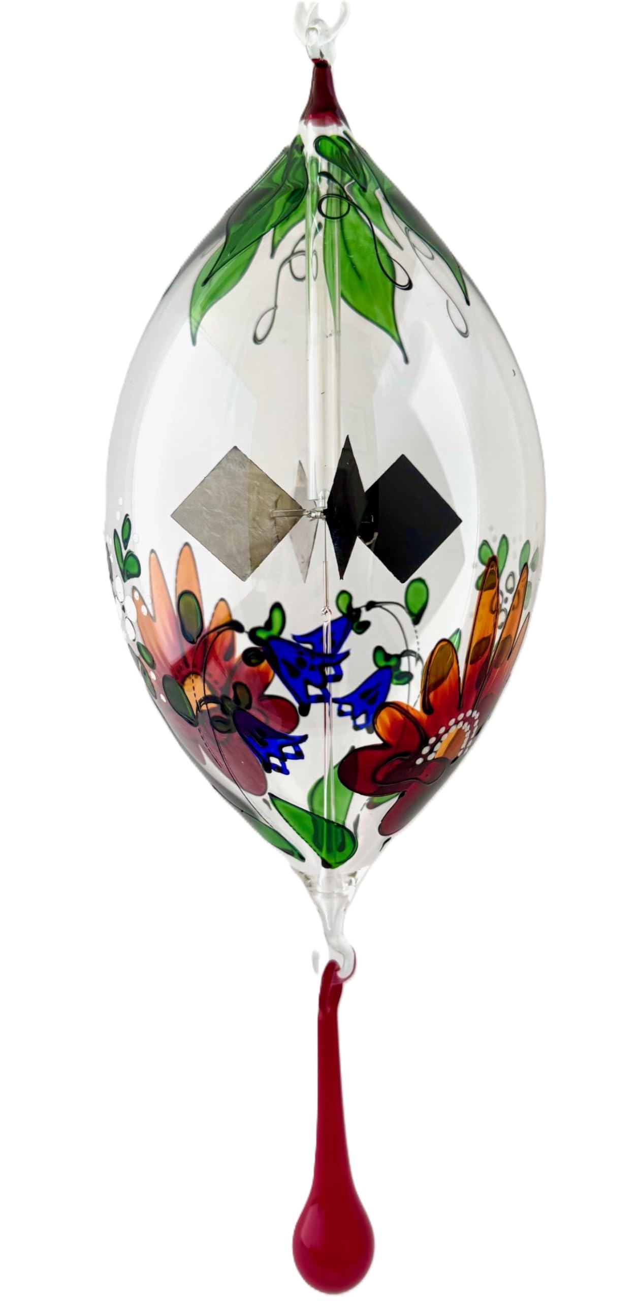 Lichtmühle zum Hängen, große Olivenform, Solar-Radiometer, Lichtspiel, Glaskunst, Glasmalerei Flora bunt, faszinierender, einzigartiger, bezaubernder Fensterschmuck mit Glastropfen 10x30 cm