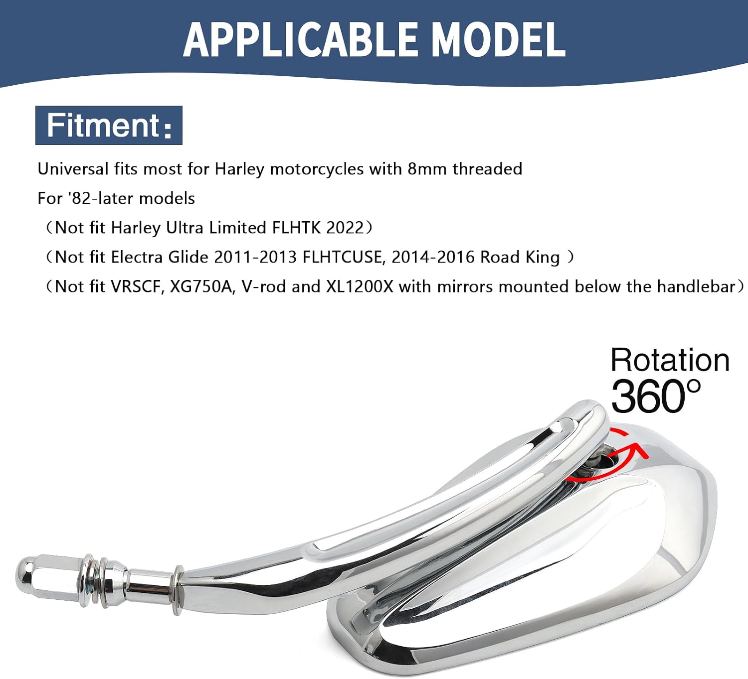 Motorcycle Mirrors 8mm Universal Rear View Side Mirrors Fit For Harley 1982-Later Sporster 883 1200 Low Rider S Softail Fat Bob Breakout 114 Touring Road King Street 500 XG500 750 Trike (Chrome)