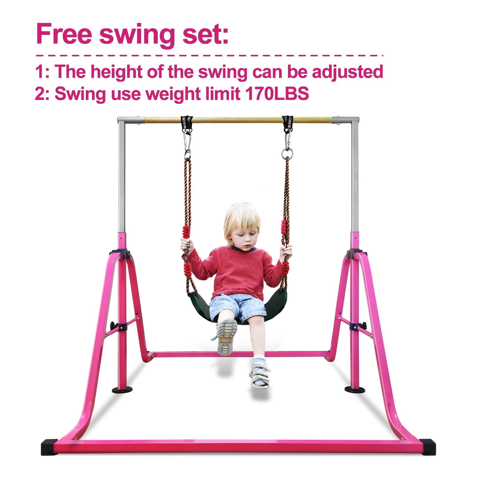 Gymnastics Bar for Kids with Swing Set, 8/9 Heights Adjustable Folding