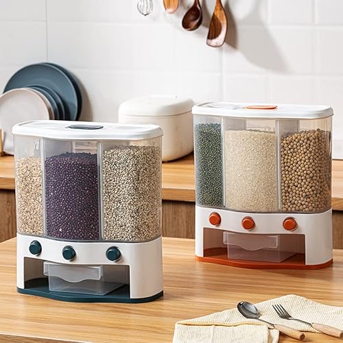Miniatura 3 de XBWEI Dispensador de arroz montado en la pared, cubo de arroz de 6 litros, 3 rejillas, almacenamiento de granos de arroz, caja de almacenamiento de
