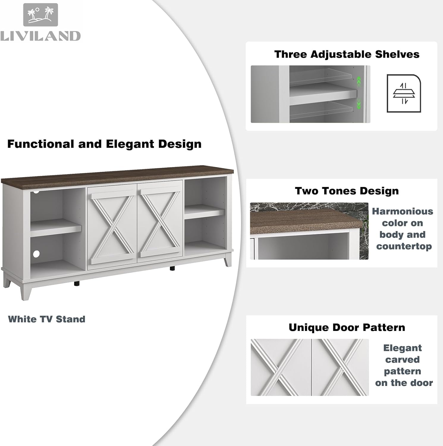 LIVILAND Modern TV Stand for 75 Inch, Contemporary Entertainment Center With Adjustable Shelves, Console Table With Storage for Living Room, Bedroom, 70 Inch (White)