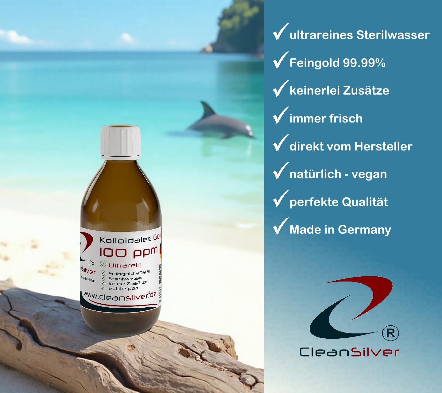 CleanSilver Kolloidales Gold 100 ppm 250ml, Ultrarein: Sterilwasser und Feingold 99,99% - Made in Germany- Stets frische Herstellung - keine Lagerware!