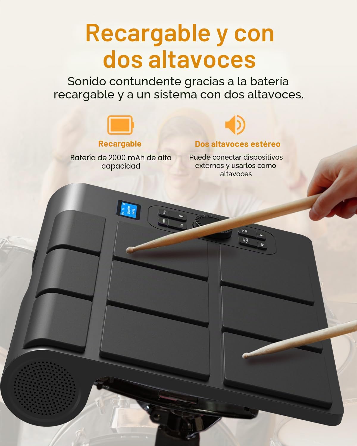 Batería electrónica de 9 almohadillas con LCD, altavoces estéreo duales y pedales | Set de batería de mesa portátil para principiantes y profesionales | Compatible con Bluetooth MIDI | Ideal para casa