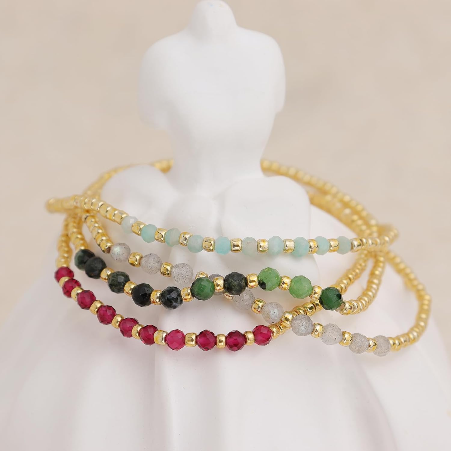 Gold Seed Beaded Friendship Bracelets Set for Women, Boho Gemstone Stretch Summer Jewelry Gift. - Image 5