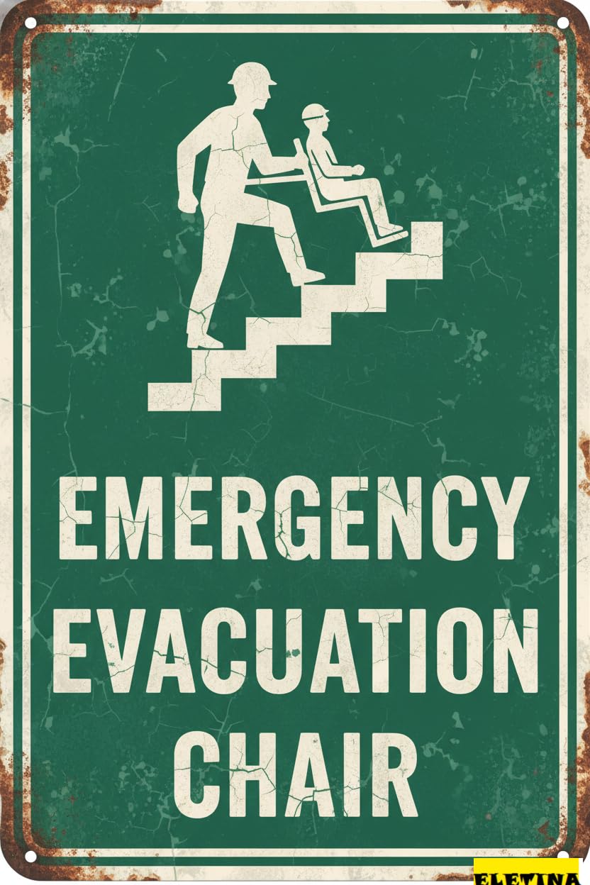 Vintage Metal Tin Sign for Man Cave Emergency Evacuation Chair S Emergency Escape 8x12 Inch Notice Danger Warning Caution Outdoor & Indoor Private Property Decorative