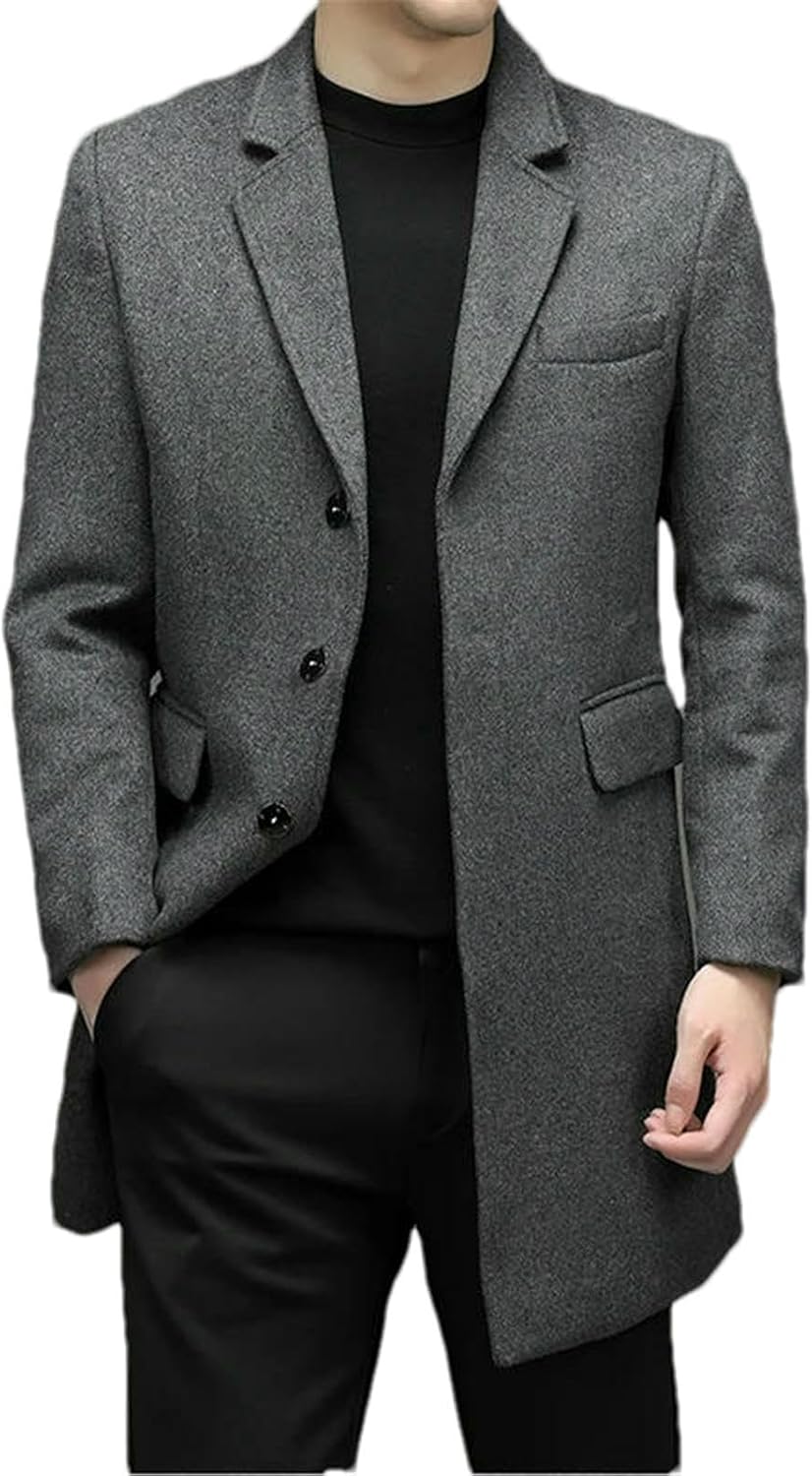 Men’s Autumn Winter Wool Blend Trench Coat Single Breasted Long Jacket Classic England Business Casual Overcoat